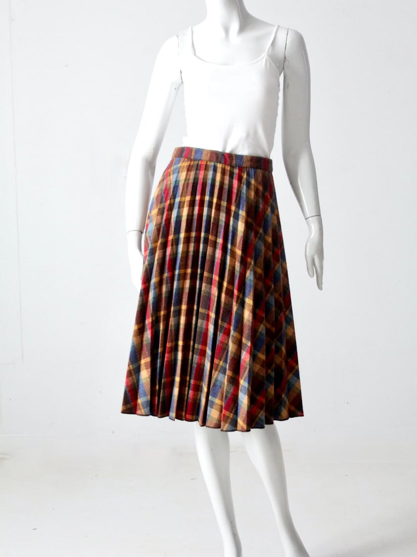 1970s Benetton A-Line Plaid Wool Skirt in Brown Goldenrod Blue Red (1 of 6)