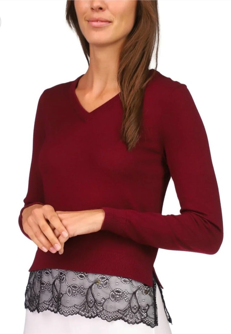 Michael Michael Kors Dark Ruby Lace Hem Sweater Women's S: Michael Michael Kors Dark Ruby Lace Hem Sweater Women's S Elevate your wardrobe with this stunning Michael Michael Kors Lace Hem Cropped Sweater in Dark Ruby. This stylish pullover features a flatteri