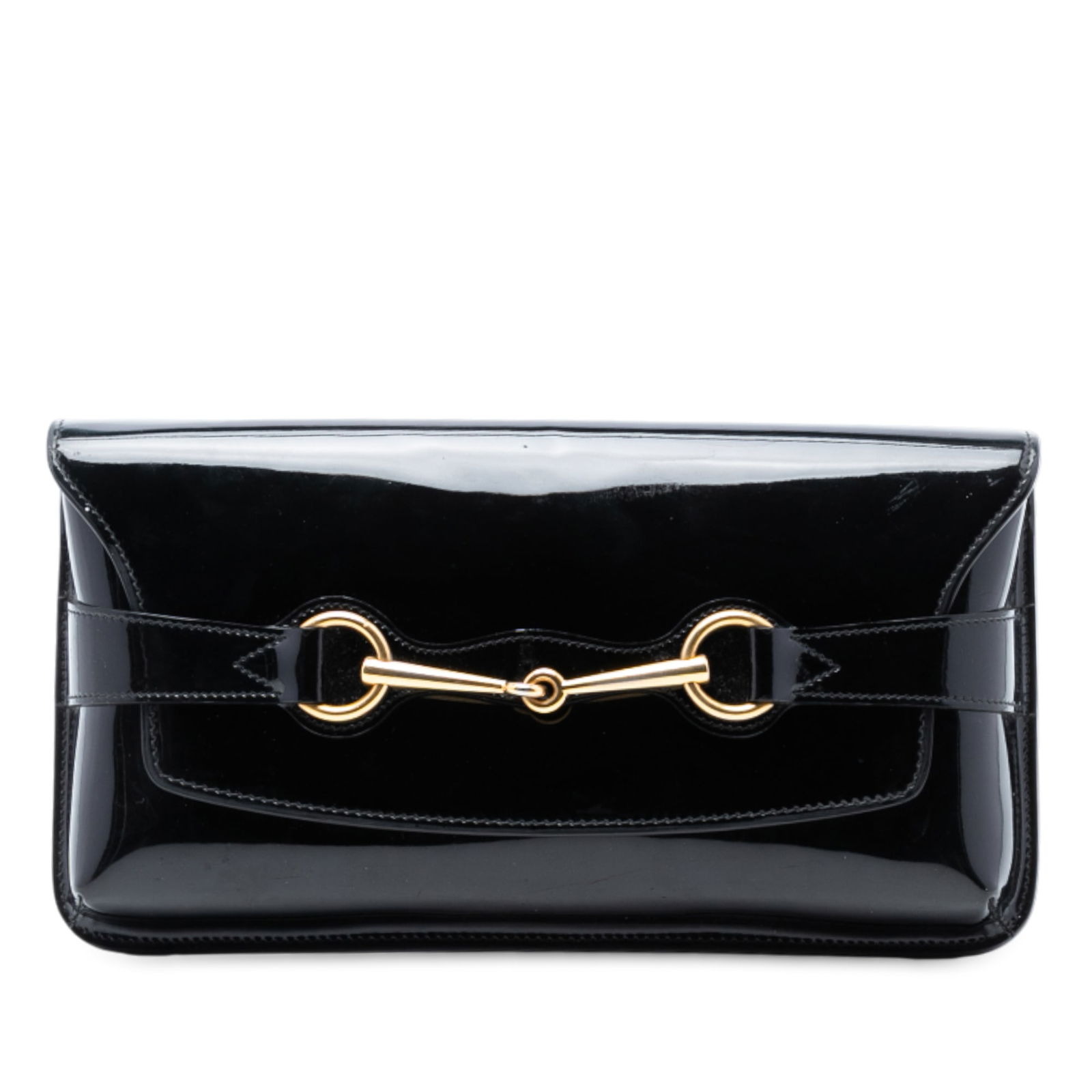 Gucci Black Patent Leather Bright Bit Clutch Bag with Flap Closure: Gucci Black Patent Leather Bright Bit Clutch Bag with Flap Closure This Gucci Patent Bright Bit Clutch features a black patent leather body with a flap closure. The interior includes both zip and open