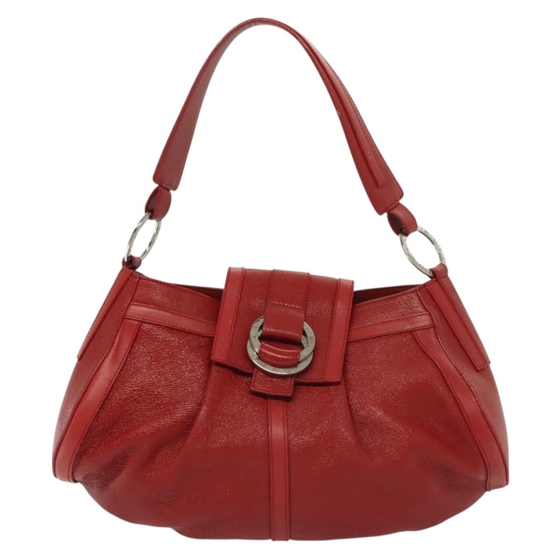 Chandra Red Top Handle Shoulder Bag by Bvlgari: Chandra Red Top Handle Shoulder Bag by Bvlgari This Bvlgari Chandra Top Handle Bag features a red exterior with a top handle design. The bag shows signs of use including some out of shape areas, rubbi
