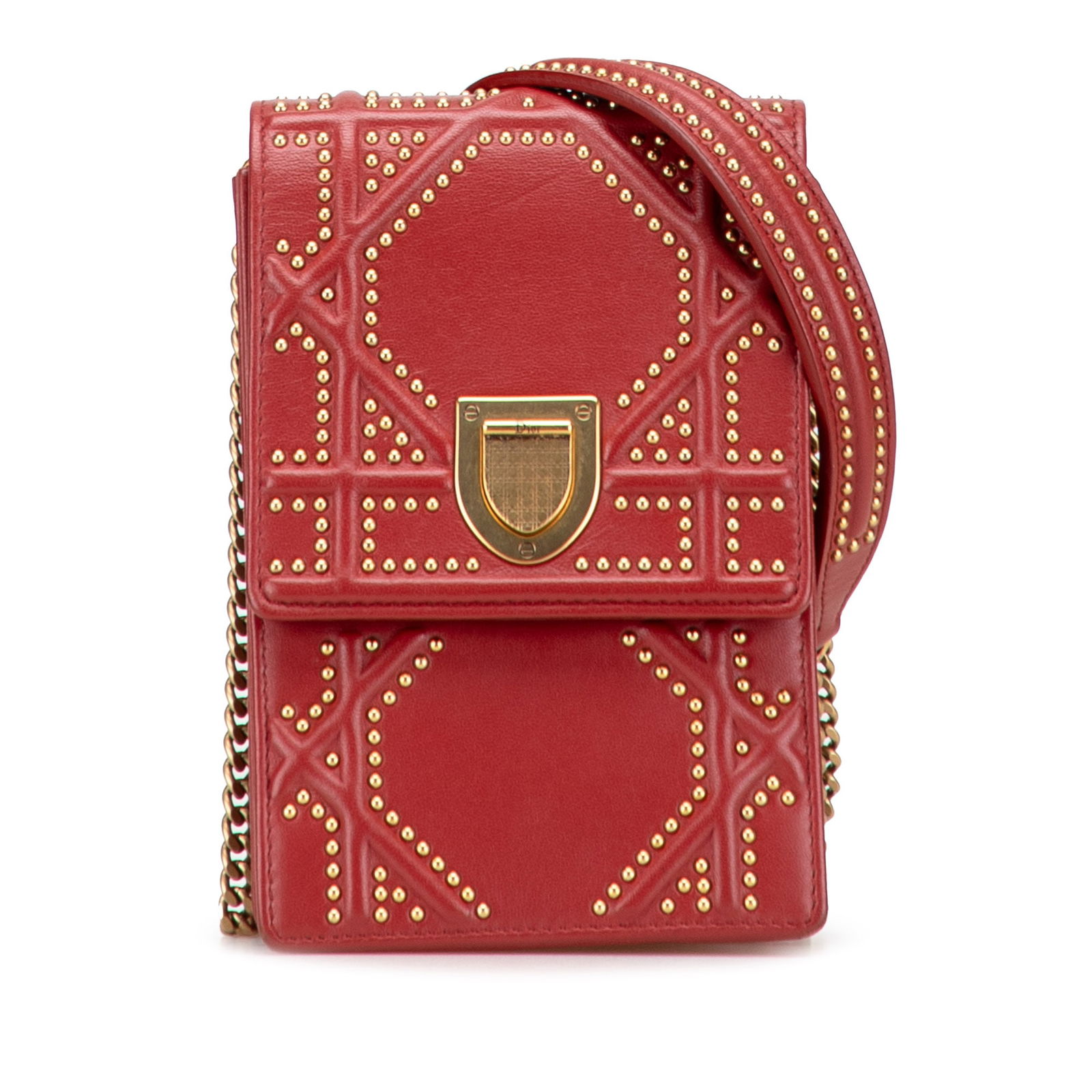 Dior Studded Lambskin Vertical Diorama Crossbody Bag Red: Dior Studded Lambskin Vertical Diorama Crossbody Bag Red The Studded Lambskin Vertical Diorama Crossbody by Dior is a stylish and sophisticated bag crafted from luxurious studded leather. This eye-cat
