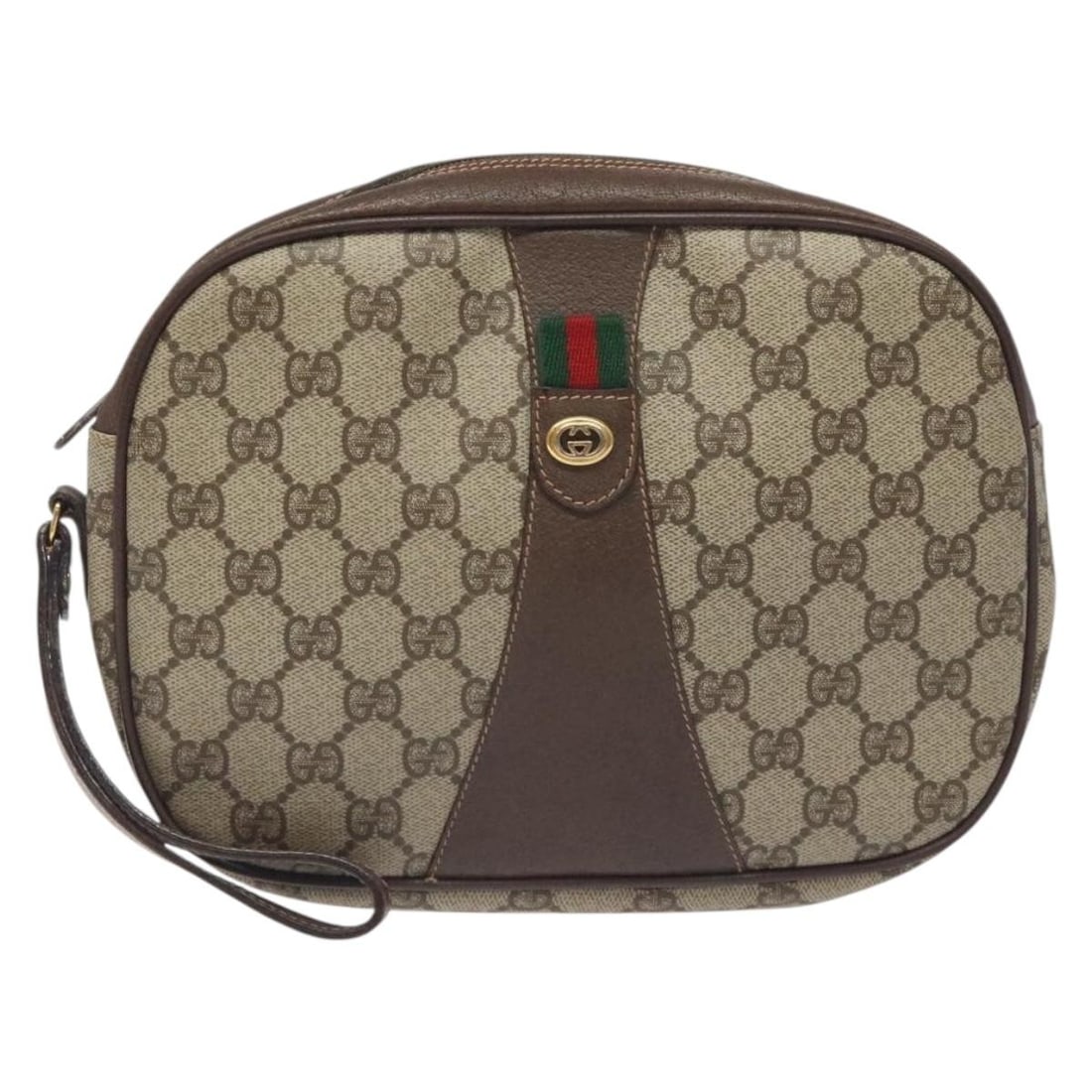 Beige pouch from Gucci Sherry collection: Beige pouch from Gucci Sherry collection This pre-owned Gucci Sherry line pouch in beige features a classic design crafted for women. The bag is in good condition with minor signs of previous use, inc