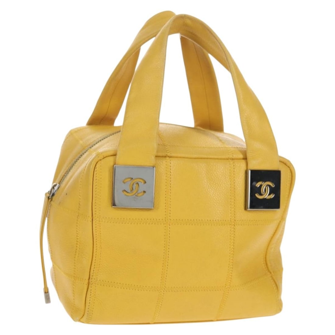 CHANEL Yellow Silver Caviar Skin Choco Bar Hand Bag Auth 8792657: CHANEL Yellow Silver Caviar Skin Choco Bar Hand Bag Auth 8792657 This CHANEL Choco Bar Hand Bag is crafted from luxurious grained calfskin, commonly known as caviar skin, showcasing a vibrant yellow a