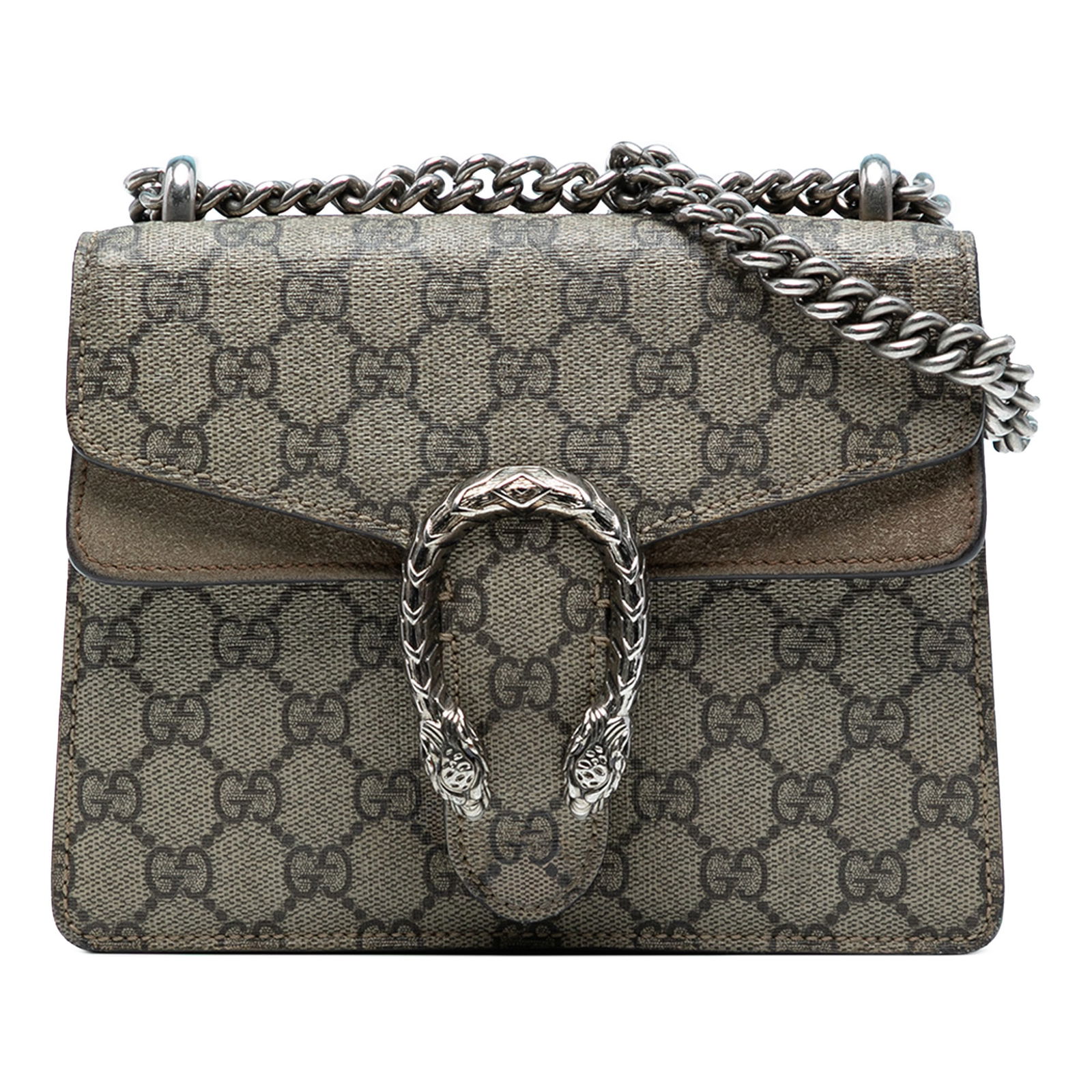 Gucci Dionysus Small GG Supreme Brown Crossbody Bag with Chain Strap: Gucci Dionysus Small GG Supreme Brown Crossbody Bag with Chain Strap This Gucci Small GG Supreme Dionysus Crossbody bag features a coated canvas body with suede leather trim, a silver-tone chain link