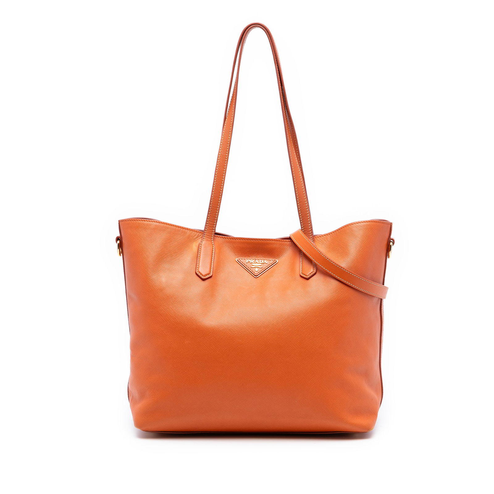 Prada Saffiano Leather Orange Convertible Tote with Detachable Strap: Prada Saffiano Leather Orange Convertible Tote with Detachable Strap This Prada Saffiano Open Convertible Tote features an orange saffiano leather body with flat leather handles and a detachable flat