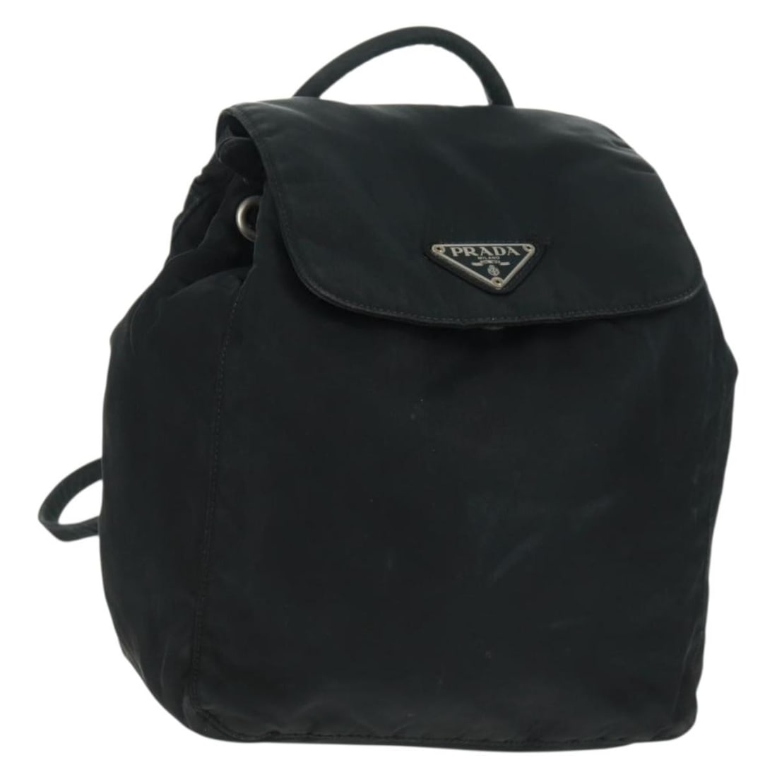 Black Vintage Prada Nylon Backpack with Leather Trim: Black Vintage Prada Nylon Backpack with Leather Trim This Prada vintage backpack in black is designed for female use and features a classic silhouette. The bag shows typical signs of wear, including l