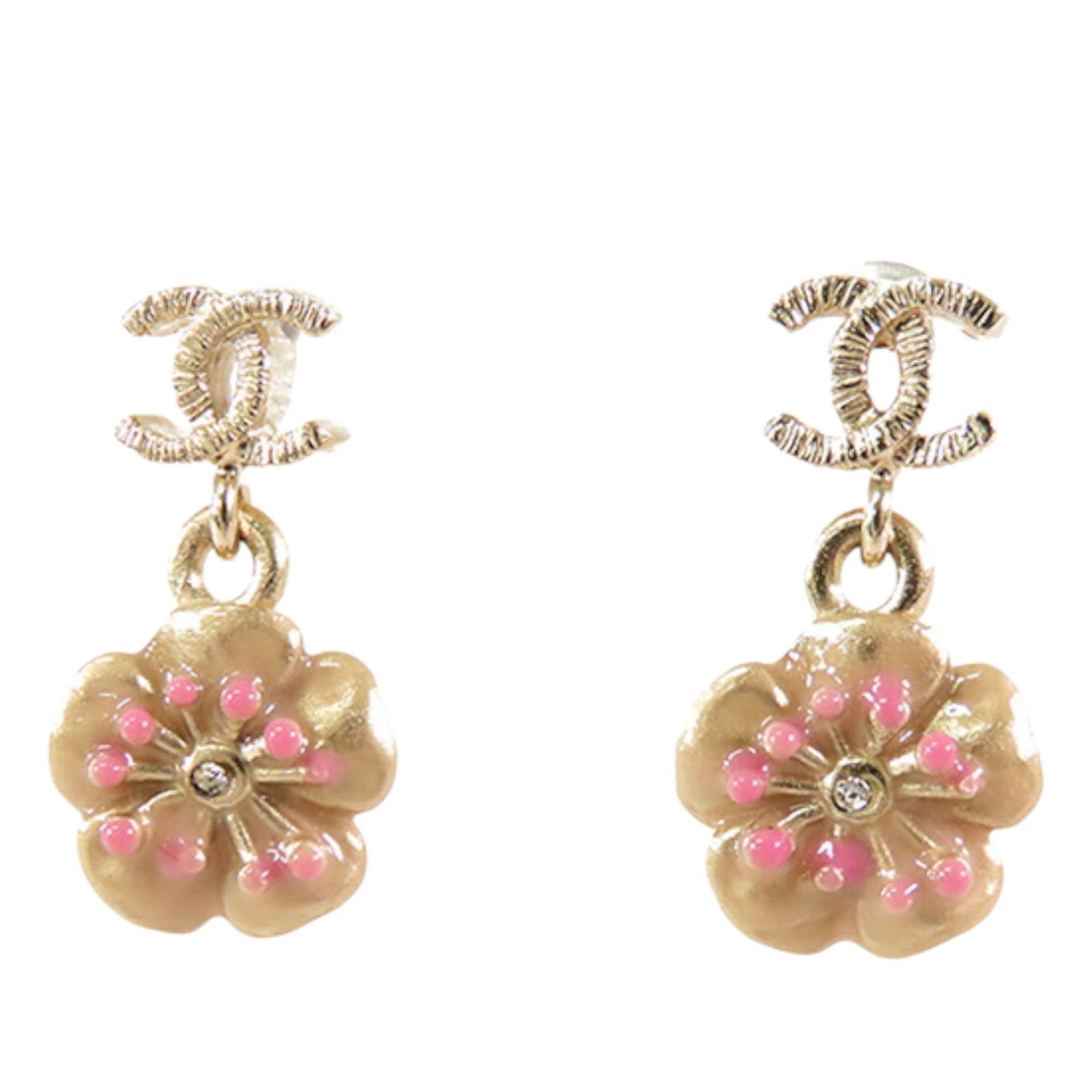 Chanel Gold Plated CC Flower Drop Earrings with Rhinestones (1 of 9)