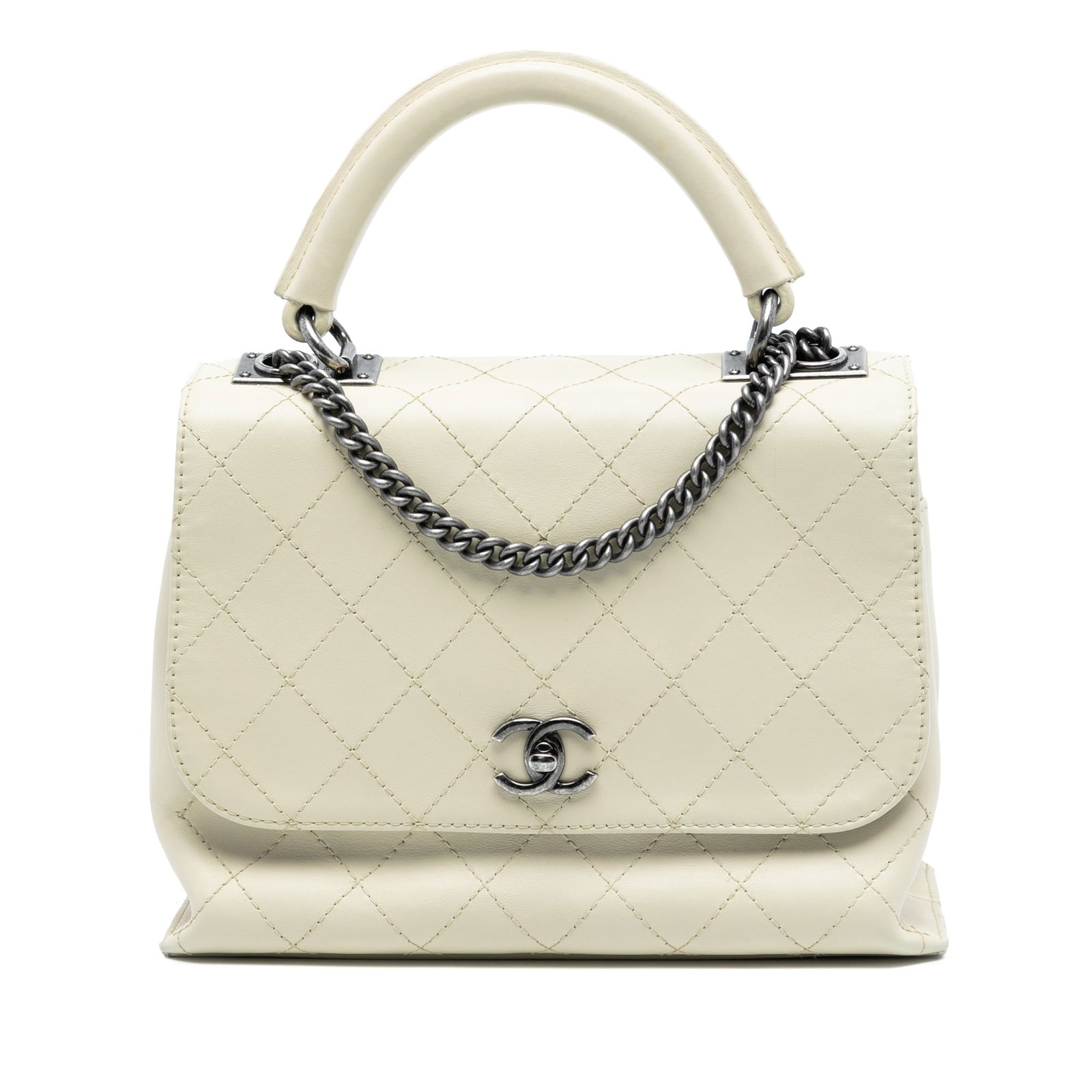 Chanel Urban Luxury White Leather Satchel with Top Handle and Chain Strap: Chanel Urban Luxury White Leather Satchel with Top Handle and Chain Strap This Chanel Stitched Calfskin Urban Luxury Top Handle Bag features a leather body in white, a rolled leather top handle, a cha