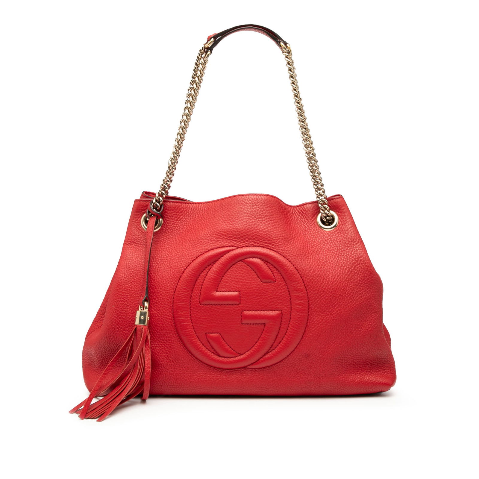 Gucci Medium Leather Soho Chain Tote Red with Silver Straps: Gucci Medium Leather Soho Chain Tote Red with Silver Straps Introducing the Gucci Medium Leather Soho Chain Tote, a stunning accessory that combines elegance and functionality. This tote features a lu