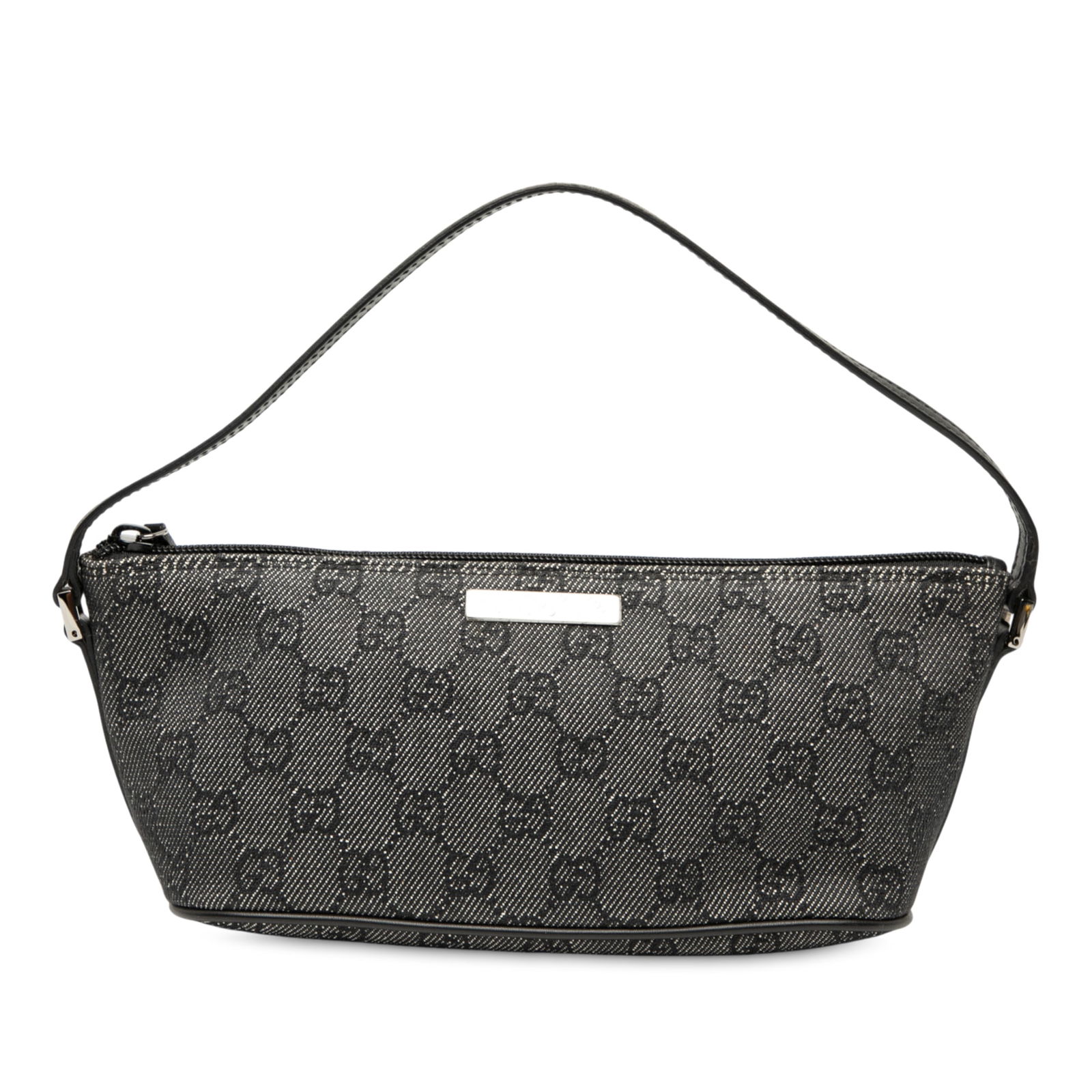 Gucci GG Denim Boat Gray Fabric Shoulder Bag Italy: Gucci GG Denim Boat Gray Fabric Shoulder Bag Italy This Gucci GG Denim Boat shoulder bag boasts a stylish denim body complemented by leather trim. It features a flat leather strap and a secure top zip