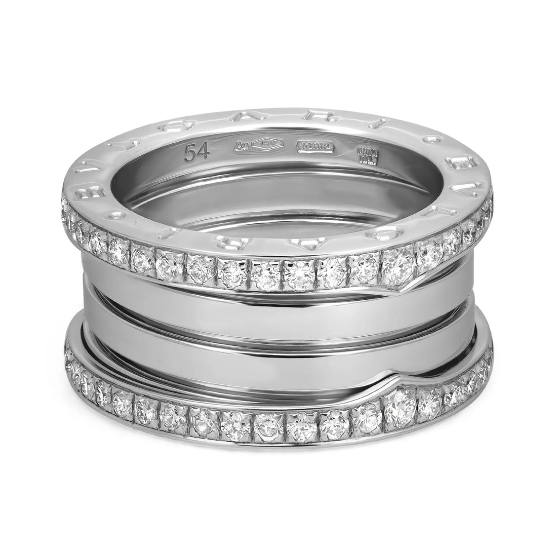 Bvlgari B.Zero1 18K White Gold Diamond Four-Band Ring 1.27ct: Bvlgari B.Zero1 18K White Gold Diamond Four-Band Ring 1.27ct From the distinguished Bvlgari B.zero1 collection, this exquisite four-band ring is crafted from lustrous 18K white gold. It showcases a un