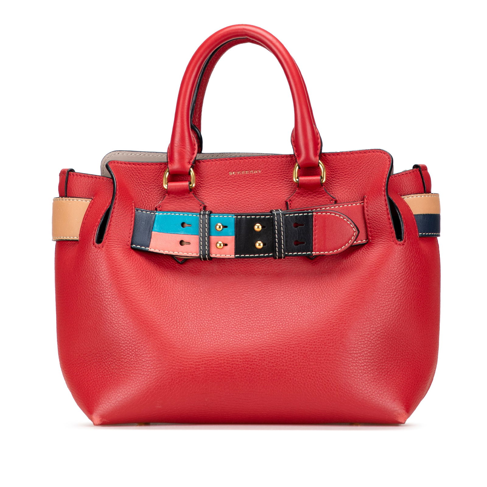 Burberry Red Small Grained Calfskin Belt Satchel: Burberry Red Small Grained Calfskin Belt Satchel This Burberry Small Grained Calfskin Belt Satchel is a stylish accessory crafted from high-quality leather. It features a structured leather body with