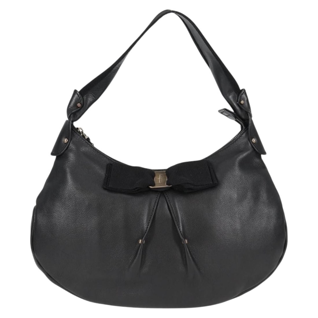 Vala Black Shoulder Bag by Salvatore Ferragamo: Vala Black Shoulder Bag by Salvatore Ferragamo This Salvatore Ferragamo Vala shoulder bag in black is designed for female use. The exterior shows slight rubbing on the surface and shoulder strap, with