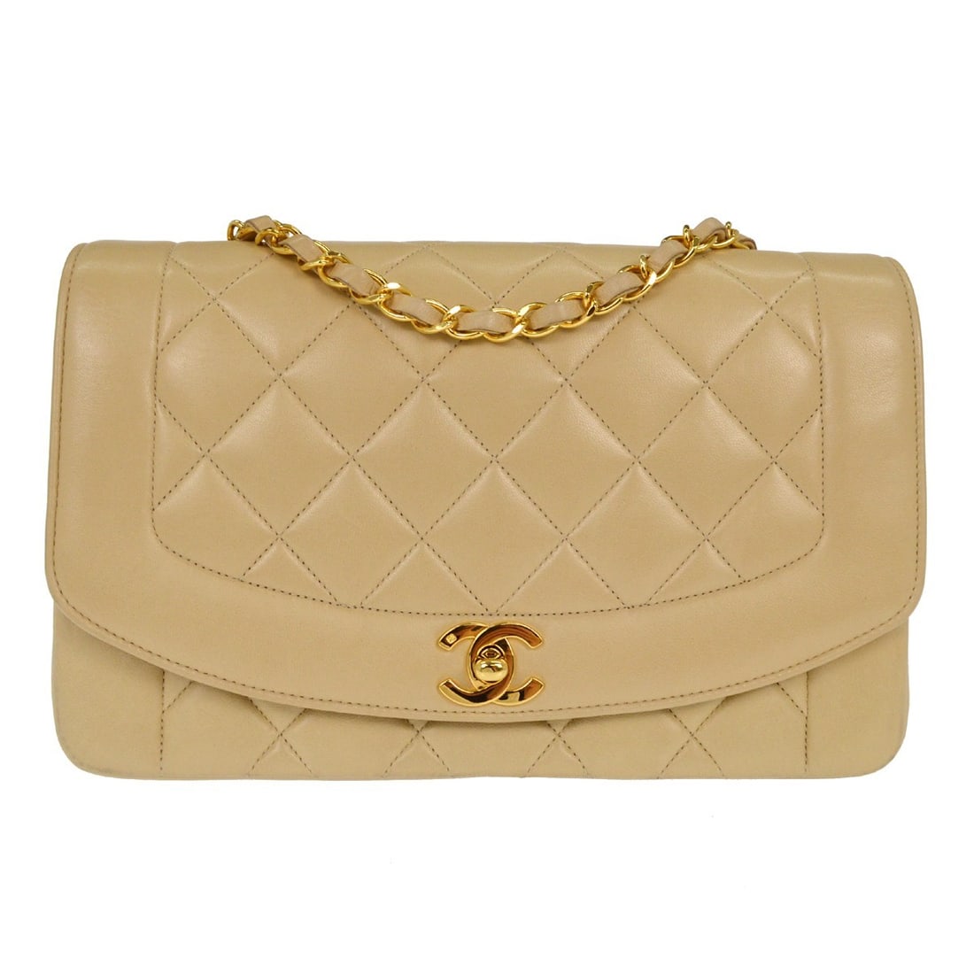 Medium Diana Shoulder Bag in Beige Quilted Lambskin by Chanel: Medium Diana Shoulder Bag in Beige Quilted Lambskin by Chanel This Chanel Diana shoulder bag is crafted from beige quilted lambskin leather and features a medium size with a flap turnlock closure. The