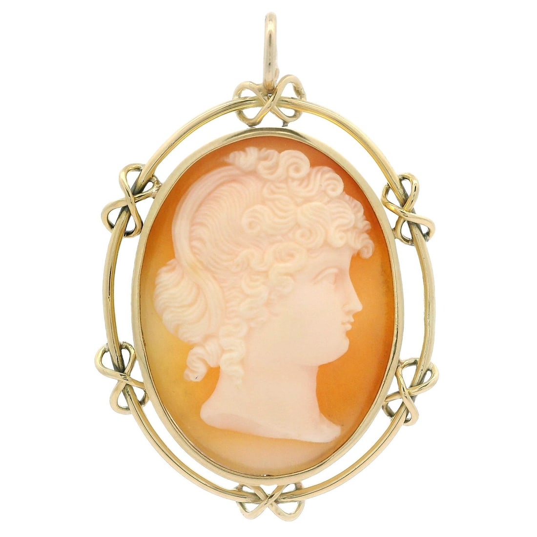 Vintage 14k Yellow Gold Infinity Knot Cameo Pendant: Vintage 14k Yellow Gold Infinity Knot Cameo Pendant This exquisite vintage pendant features a stunning carved cameo set in a 14k yellow gold wire infinity knot design. The centerpiece is a natural gen