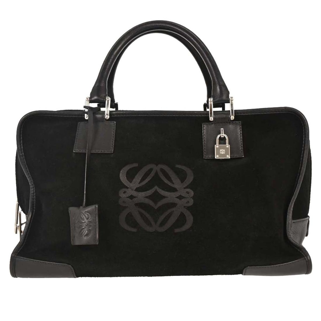 Loewe Amazona 36 Black Suede Large Top Handle Bag: Loewe Amazona 36 Black Suede Large Top Handle Bag This Loewe Amazona 36 handbag is crafted from black suede leather and features a large top handle design with double leather handles. The bag is equip