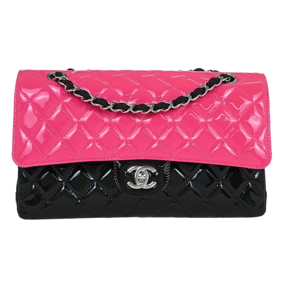 Chanel Classic Double Flap Pink Black Leather Shoulder Bag: Chanel Classic Double Flap Pink Black Leather Shoulder Bag This Chanel Medium Classic Double Flap Shoulder Bag is a sophisticated accessory crafted from high-quality patent leather. Featuring a striki