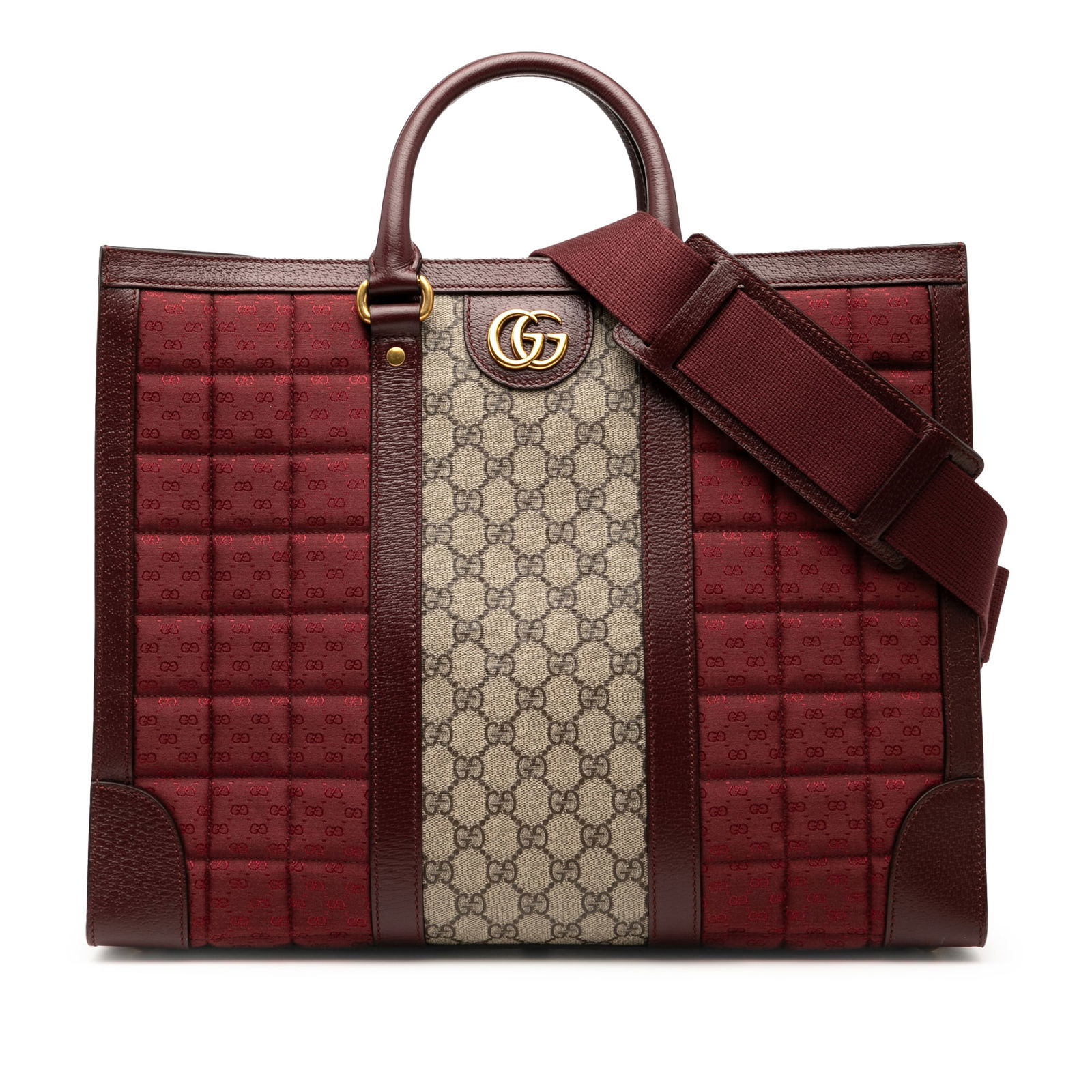 Gucci Medium GG Supreme Red Quilted Canvas Double G Tote: Gucci Medium GG Supreme Red Quilted Canvas Double G Tote Introducing the Gucci Medium GG Supreme and Quilted Mini GG Canvas Double G Tote, a sophisticated blend of style and functionality. This exquis
