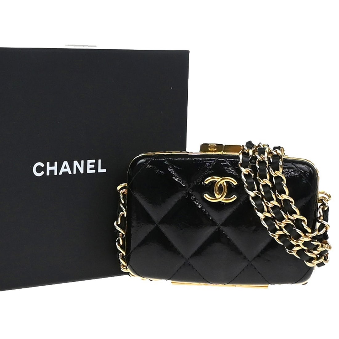 Black Chanel Box Clutch Bag with Chain Handle and Framed Closure (1 of 1)
