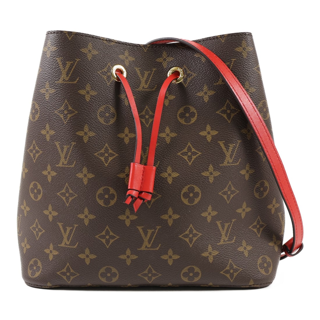 LOUIS VUITTON Neo Noe Bucket Bag Red Monogram M44021: LOUIS VUITTON Neo Noe Bucket Bag Red Monogram M44021 Elevate your style with the LOUIS VUITTON Neo Noe Bucket Bag, a stunning shoulder handbag crafted from durable PVC coated canvas. This fashionable