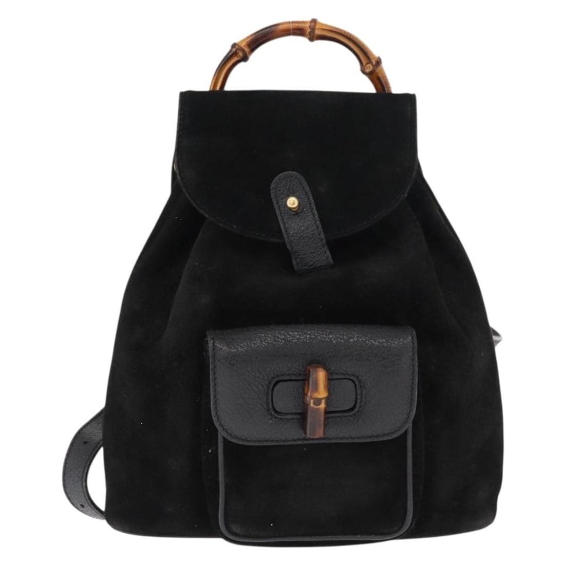 Black Bamboo Backpack by Gucci Vintage Collection: Black Bamboo Backpack by Gucci Vintage Collection This pre-owned Gucci Vintage Bamboo Backpack in black is designed for women. It features the iconic bamboo handle and exhibits signs of wear, includin