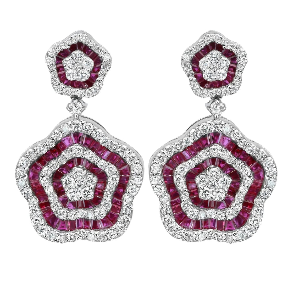 Rachel Koen Floral Drop Earrings 14K White Gold Ruby 3.13Ctw Diamond 2.77Ctw (1 of 4)