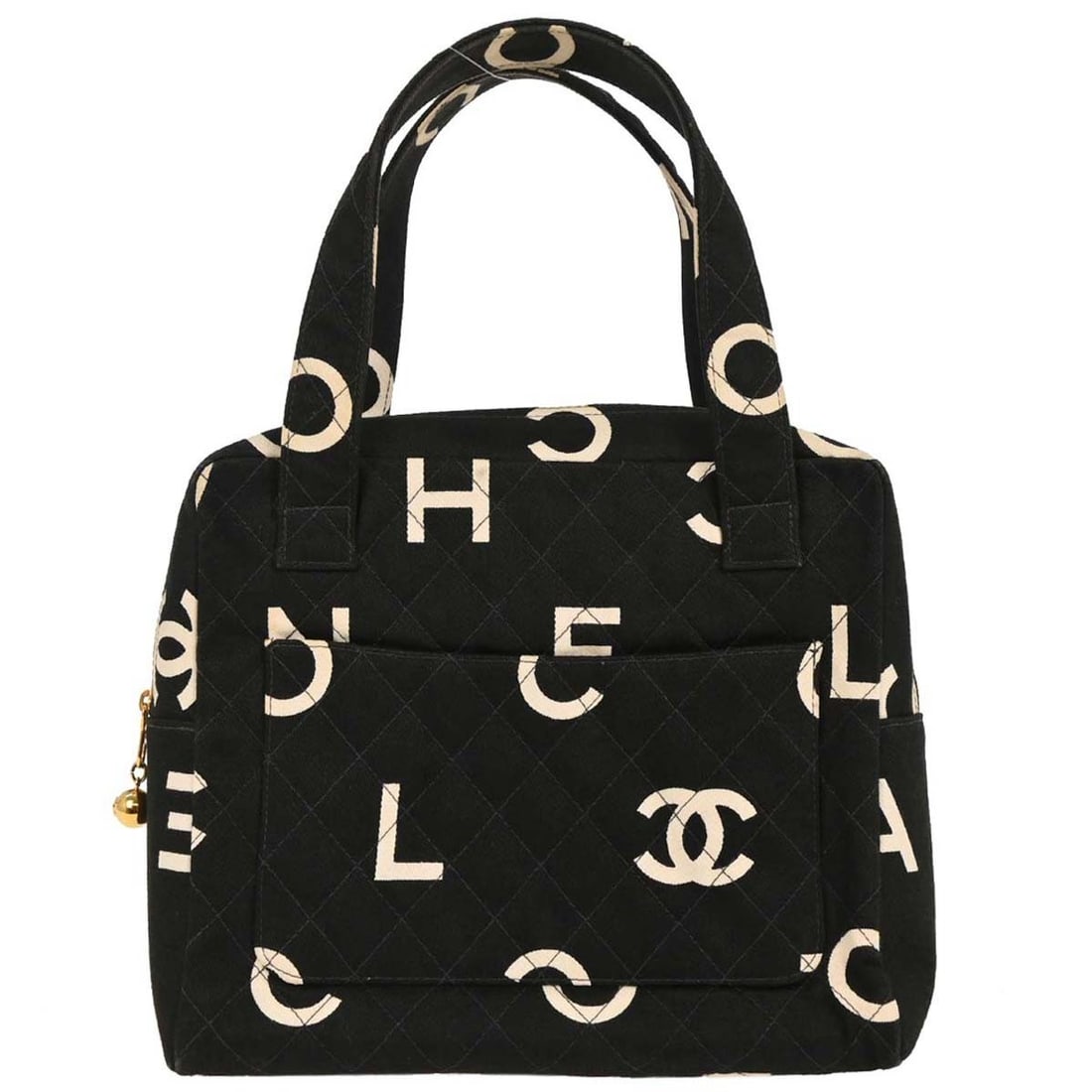 Vintage Chanel Coco Logo Black Zip Handle Handbag: Vintage Chanel Coco Logo Black Zip Handle Handbag This pre-owned Chanel vintage Coco logo zip around handle bag features a classic black design. The handbag shows noticeable stains inside, scuffs on t