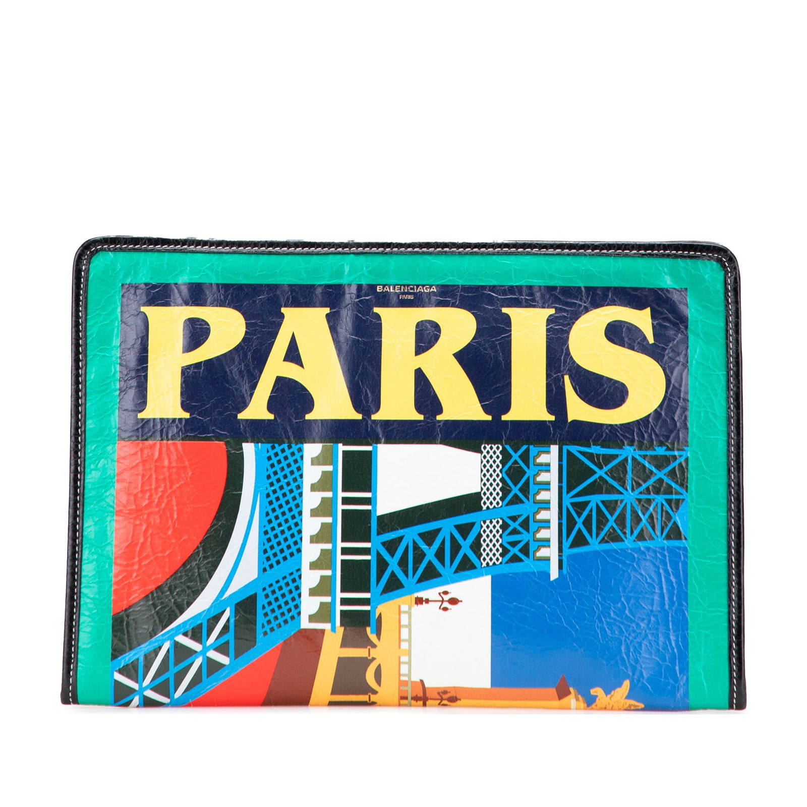 Balenciaga Blue Lambskin Bazar Paris City Arena Clutch Bag: Balenciaga Blue Lambskin Bazar Paris City Arena Clutch Bag Introducing the Balenciaga Lambskin Bazar Paris City Arena Clutch, a stylish and functional addition to your accessory collection. This clutc