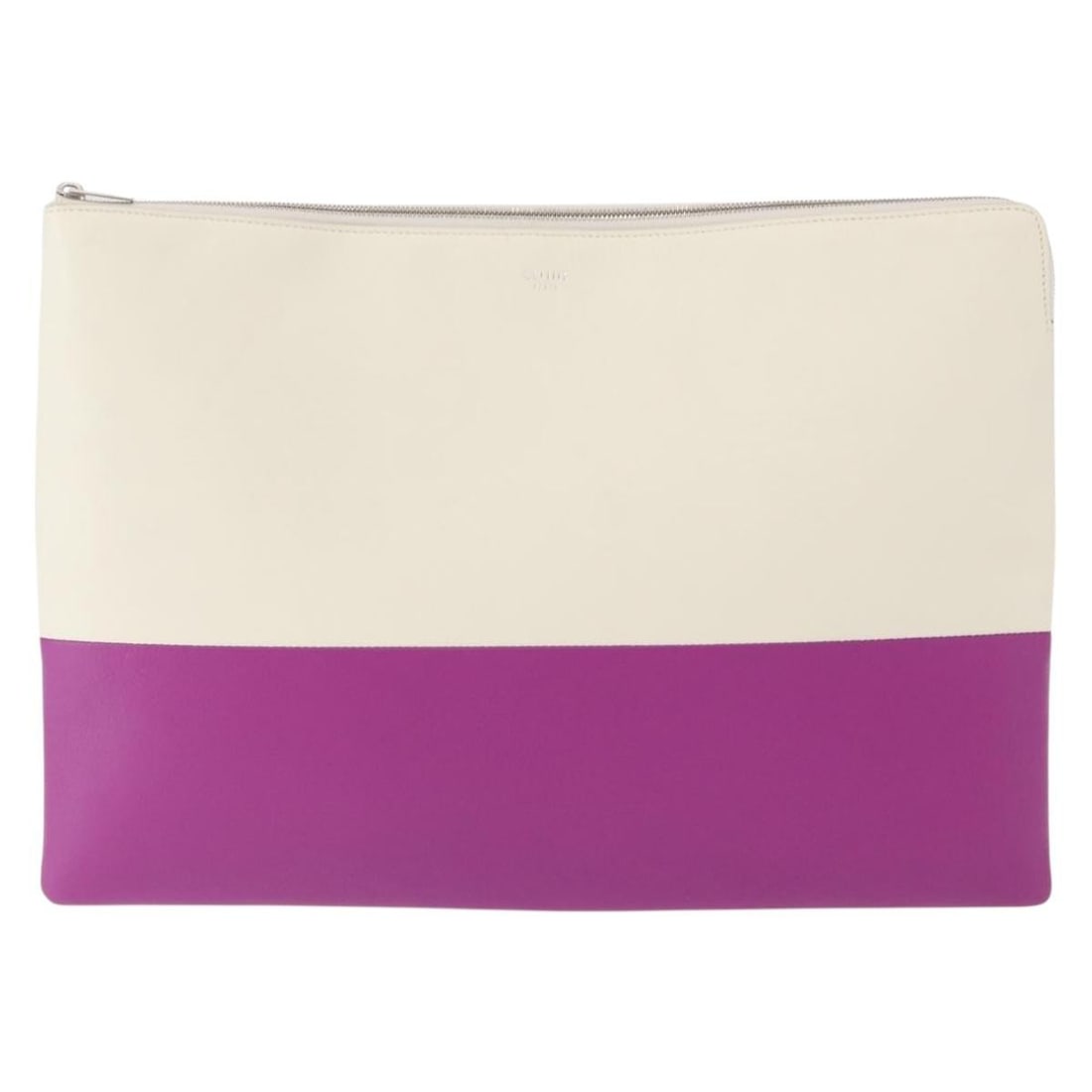Purple Solo Clutch by Celine with Bicolor Design: Purple Solo Clutch by Celine with Bicolor Design This pre-owned Celine bicolor Solo clutch features a purple design and is crafted for women. It is in very clean condition with slight rubbing on the s