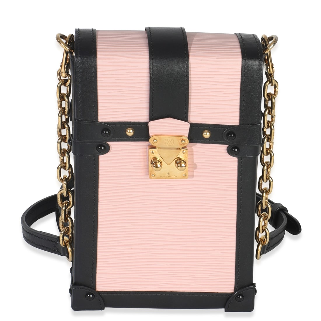 Trunk Shoulder Bag in Black Epi Leather with Rose Ballerine Accents: Trunk Shoulder Bag in Black Epi Leather with Rose Ballerine Accents This Louis Vuitton Rose Ballerine Black Epi Vertical Trunk Pochette is a sophisticated shoulder bag crafted from black and pink Epi