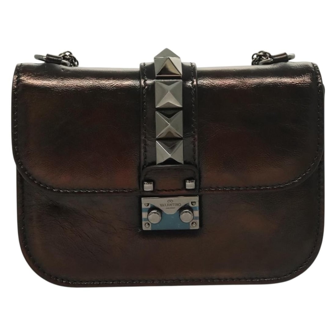 Brown Glam Lock Shoulder Purse by Valentino Garavani: Brown Glam Lock Shoulder Purse by Valentino Garavani This Valentino Garavani Glam Lock shoulder bag features a brown exterior with surface rubbing, a shoulder strap that has lost its shape, and slight