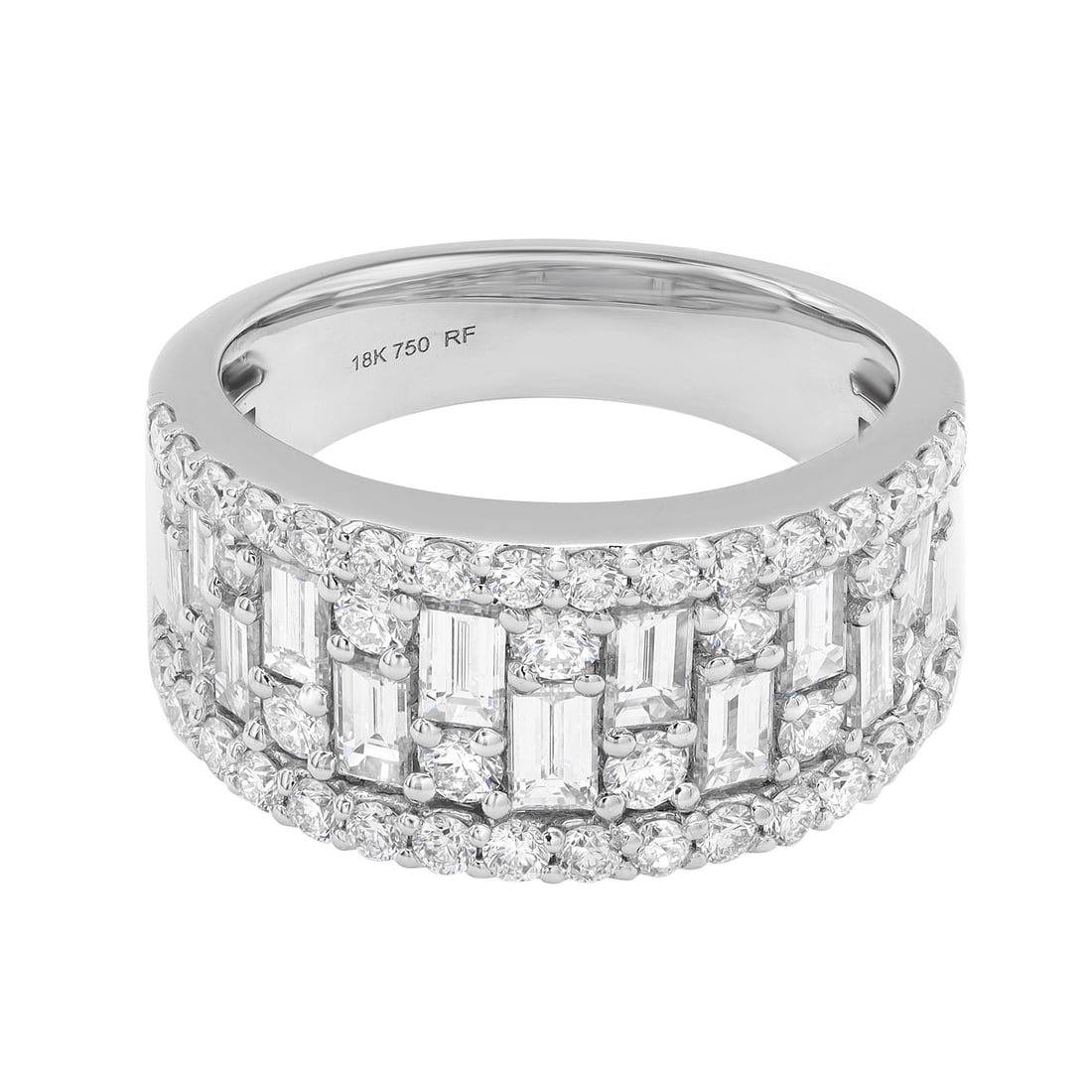 Rachel Koen 18K White Gold Diamond Ring 2.11ct Round Baguette Adjustable Size 6.75: Rachel Koen 18K White Gold Diamond Ring 2.11ct Round Baguette Adjustable Size 6.75 This exquisite Rachel Koen ring is a stunning piece crafted in 18K white gold, featuring a total diamond weight of 2.