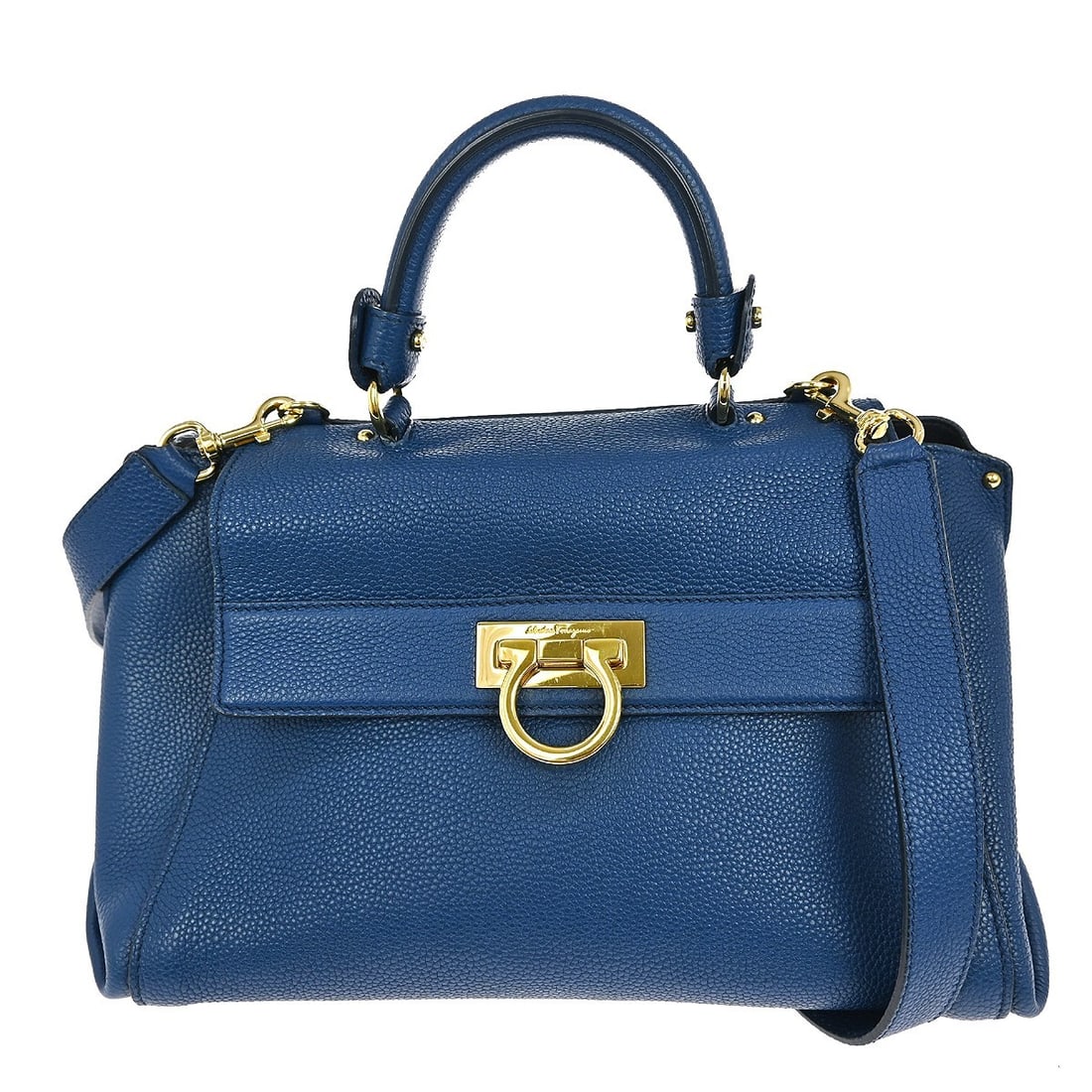 Salvatore Ferragamo Blue Gancini 2-Way Leather Handbag Italy: Salvatore Ferragamo Blue Gancini 2-Way Leather Handbag Italy This Salvatore Ferragamo Gancini 2-way handbag is a stylish accessory perfect for casual occasions. The bag features a beautiful blue exter
