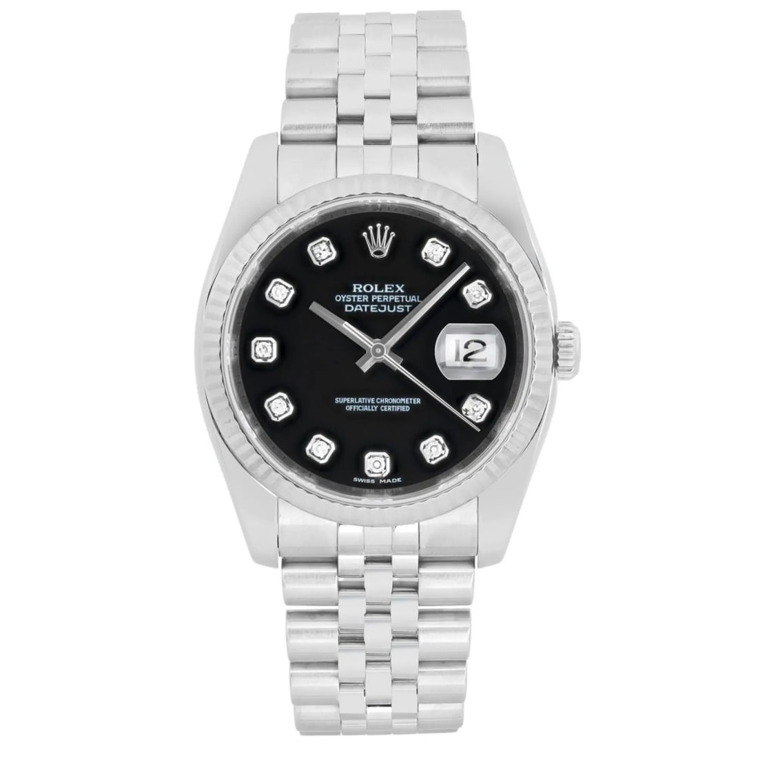 Rolex Datejust 18K White Gold Steel Black Dial Diamond Watch 116234: Rolex Datejust 18K White Gold Steel Black Dial Diamond Watch 116234 This exquisite Rolex Datejust wristwatch features an 18K white gold and stainless steel construction, complemented by a striking bla