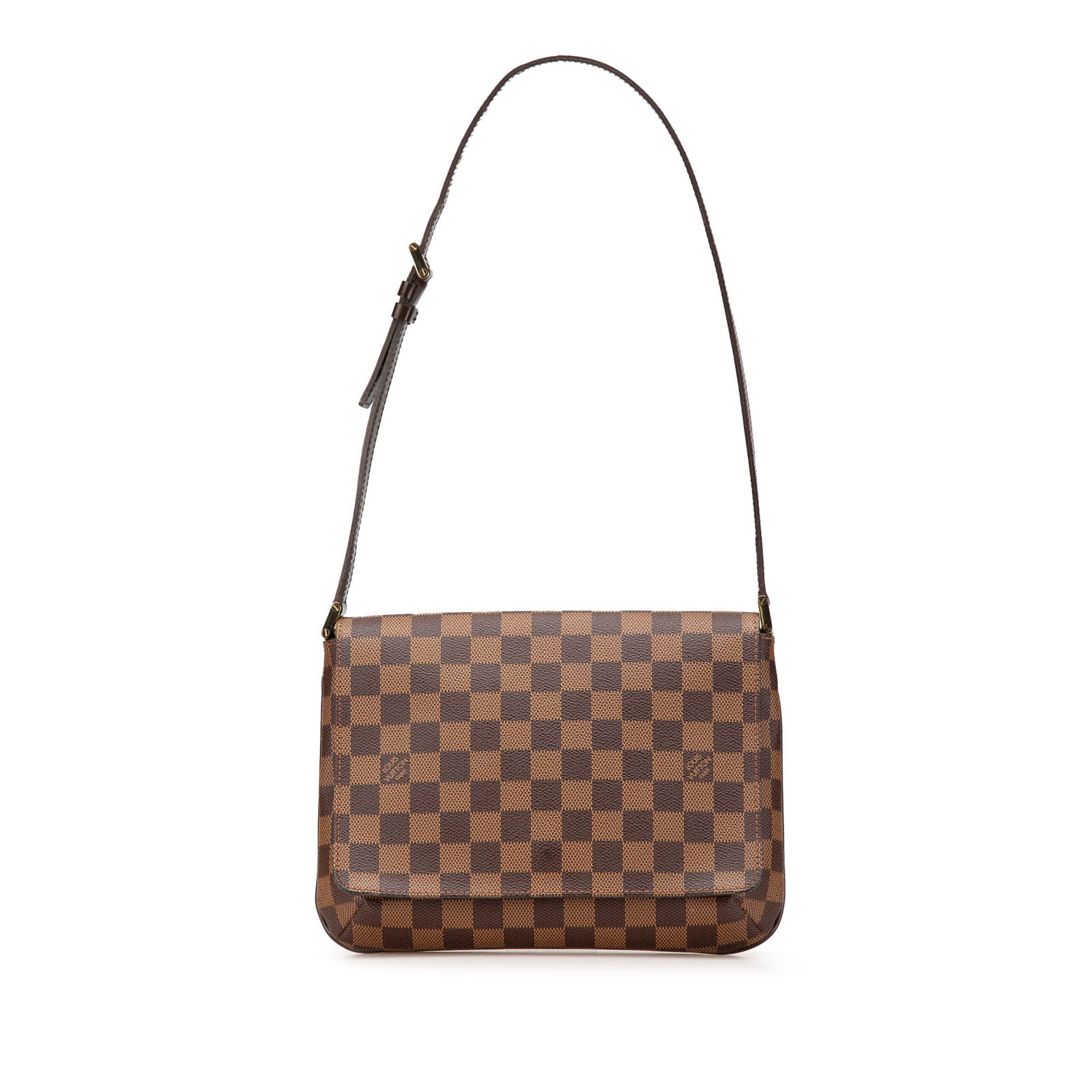 Louis Vuitton Damier Ebene Musette Tango Bag with Leather Trim: Louis Vuitton Damier Ebene Musette Tango Bag with Leather Trim The Louis Vuitton Damier Ebene Musette Tango Short Strap showcases an elegant damier ebene canvas body complemented by leather trim. This