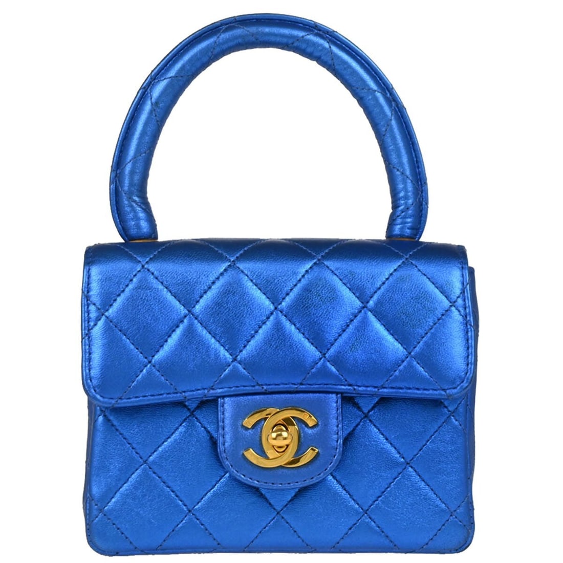 Chanel Mini Square Handbag Metallic Blue Lambskin Quilted: Chanel Mini Square Handbag Metallic Blue Lambskin Quilted This Chanel Mini Square Handbag is crafted from luxurious metallic blue lambskin leather, featuring a stylish quilted design. Its compact size