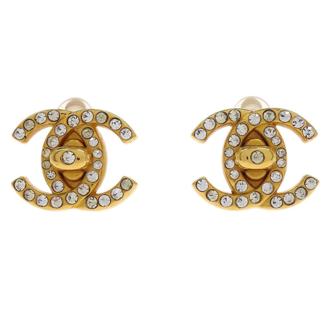 Chanel CC Turnlock Clip-On Earrings Gold-Plated with Rhinestones: Chanel CC Turnlock Clip-On Earrings Gold-Plated with Rhinestones Elevate your accessory collection with these exquisite Chanel CC Turnlock Clip-On Earrings. Crafted with a luxurious gold-plated finish