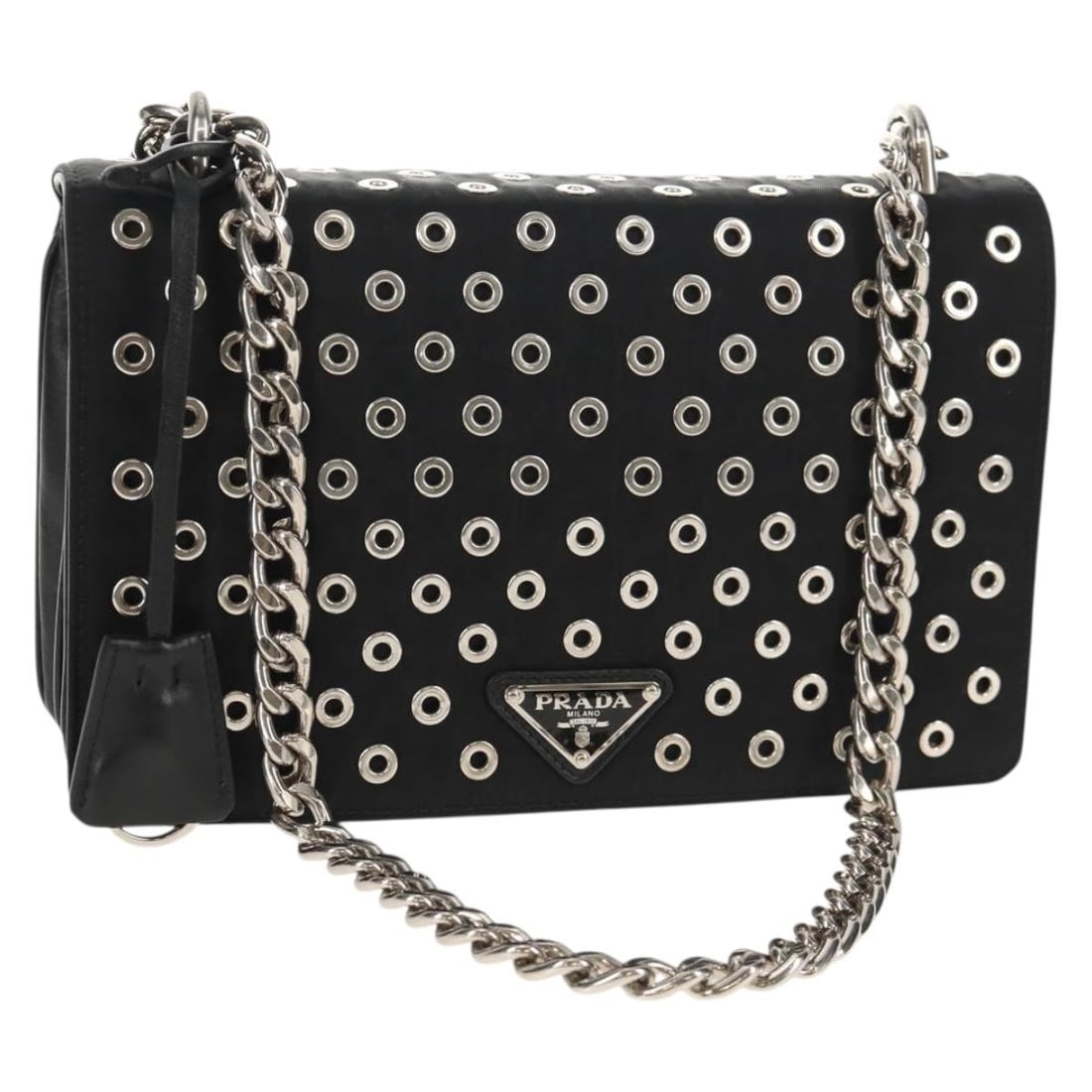 PRADA 1BD009 Black Silver Nylon Chain Shoulder Bag Auth Italy: PRADA 1BD009 Black Silver Nylon Chain Shoulder Bag Auth Italy This stylish PRADA Chain Shoulder Bag is crafted from durable nylon in a sleek black and silver color combination. Measuring approximately