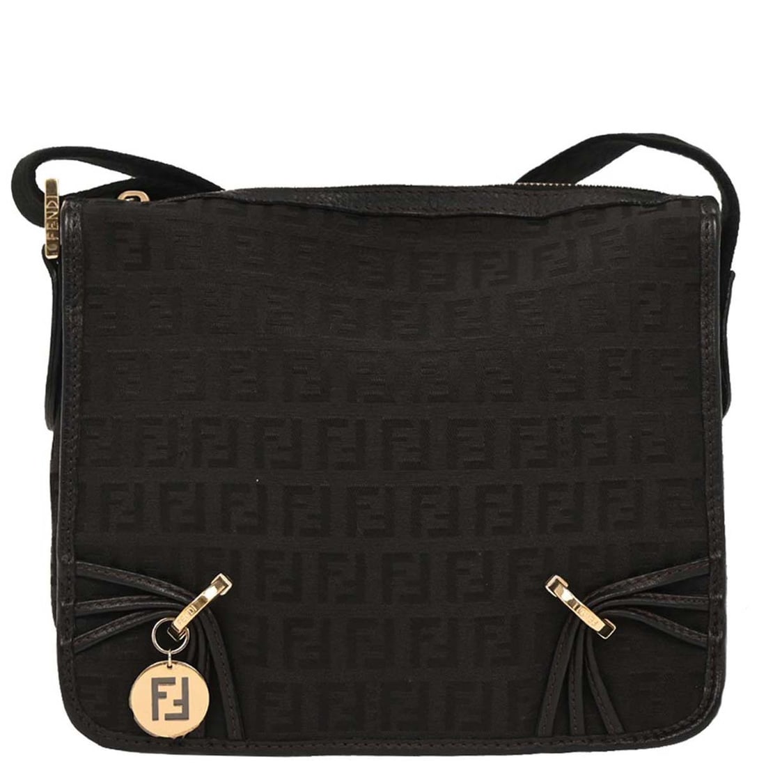 Vintage Black Fendi F Charm Shoulder Purse: Vintage Black Fendi F Charm Shoulder Purse This Fendi Vintage F Charm Messenger Bag features a classic black design with a shoulder strap, offering both style and practicality. It is in very good cond