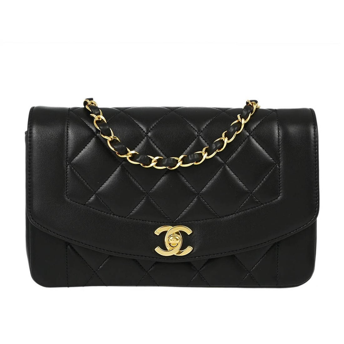 Chanel Black Lambskin Small Diana Flap Shoulder Bag: Chanel Black Lambskin Small Diana Flap Shoulder Bag Elevate your accessory game with the Chanel Black Lambskin Small Diana Shoulder Bag. This stylish bag features a classic matelasse pattern and a fla