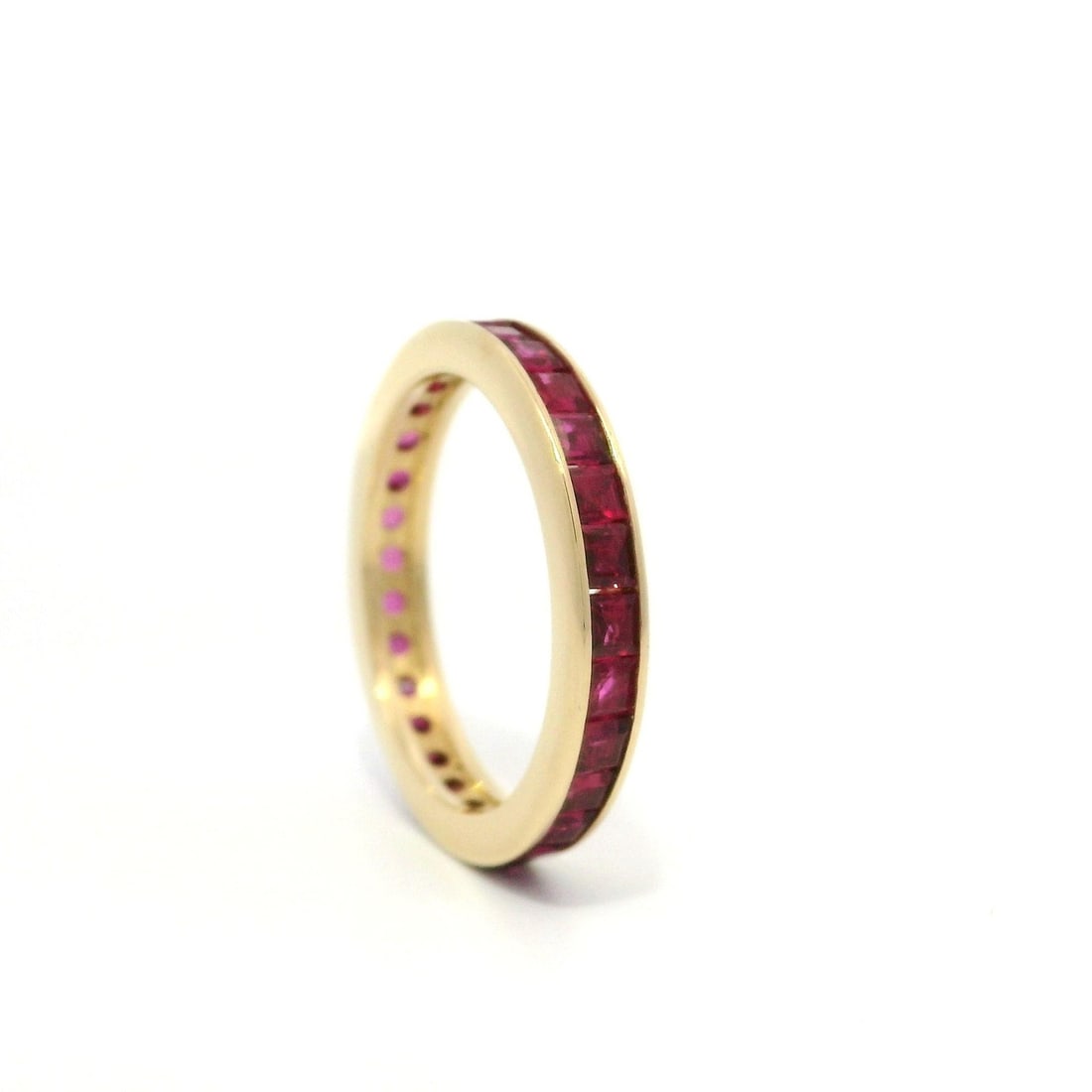 14k Yellow Gold GIA Certified Square Ruby 2.9mm Eternity Band Ring: 14k Yellow Gold GIA Certified Square Ruby 2.9mm Eternity Band Ring This exquisite eternity band ring features numerous natural genuine rubies, each showcasing a stunning square step cut and is elegant
