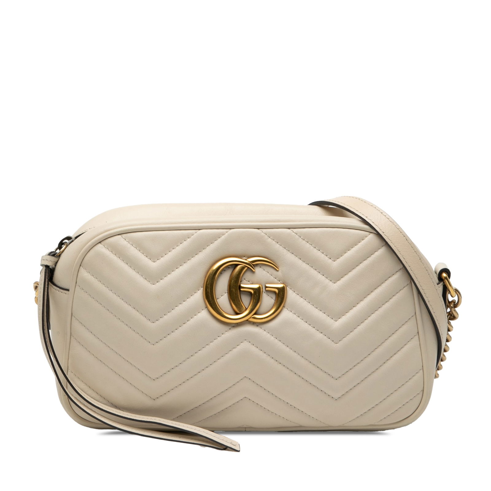 White Gucci GG Marmont Small Quilted Leather Crossbody Bag: White Gucci GG Marmont Small Quilted Leather Crossbody Bag This Gucci Small GG Marmont Matelasse Leather Crossbody bag features a quilted white leather body, an adjustable leather strap with chain lin