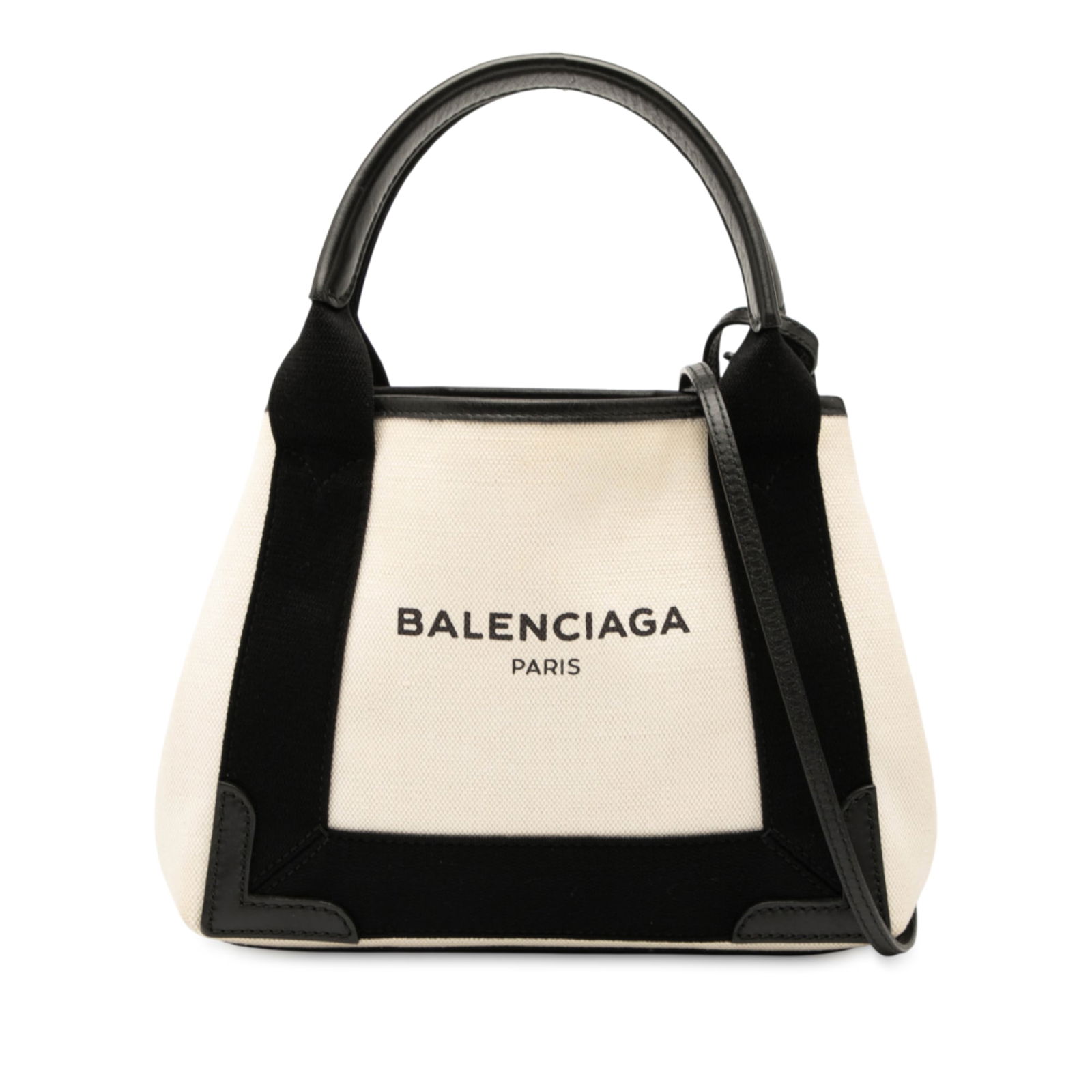 Balenciaga Navy Cabas XS Canvas Tote with Leather Trim: Balenciaga Navy Cabas XS Canvas Tote with Leather Trim This Balenciaga Canvas Navy Cabas XS features a white fabric body with leather trim, flat leather handles, a detachable strap, an open top with a