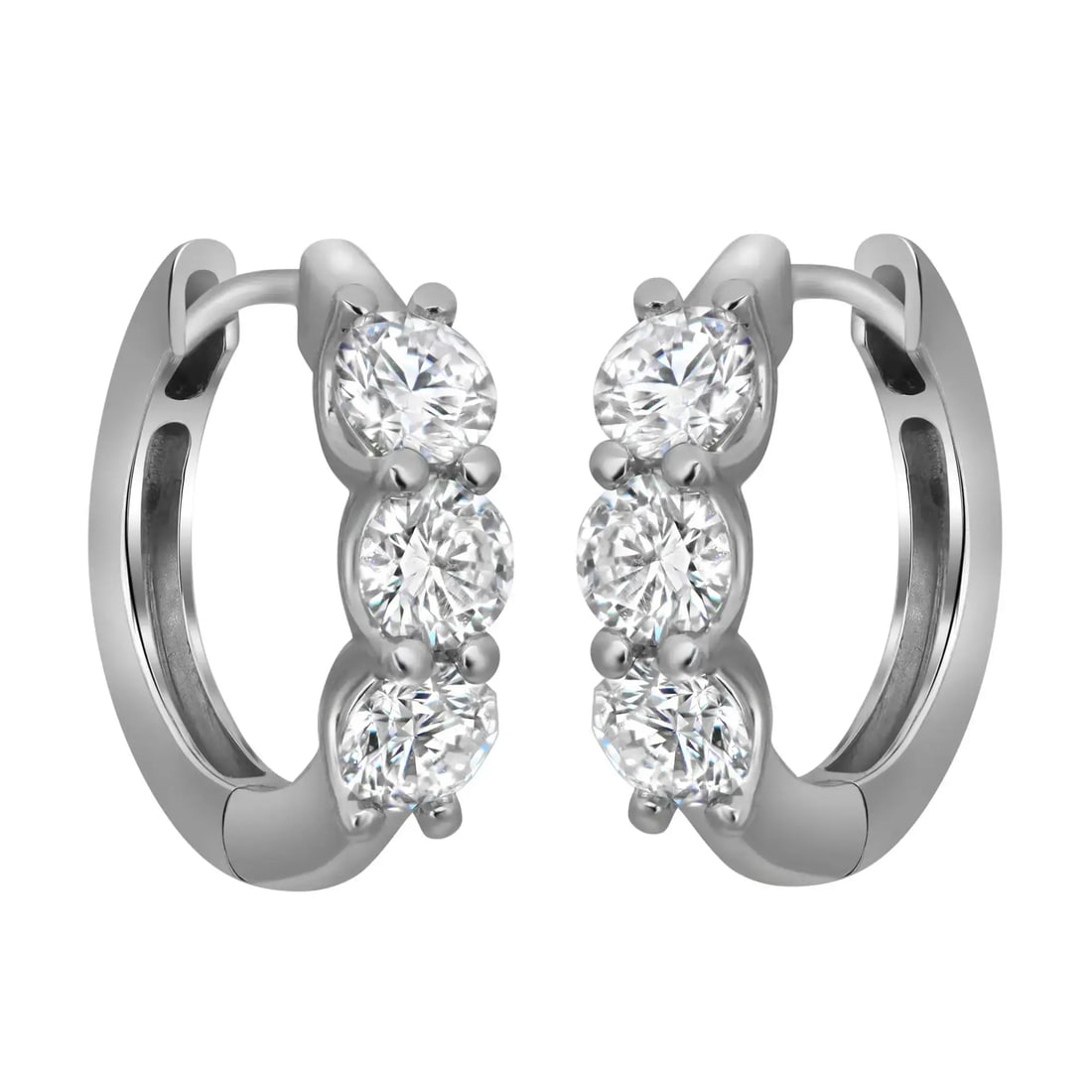Rachel Koen 14K White Gold Lab Grown Diamond Huggie Earrings 2.18 Cttw: Rachel Koen 14K White Gold Lab Grown Diamond Huggie Earrings 2.18 Cttw Elevate your accessory collection with these exquisite three stone round cut lab grown diamond huggie earrings. Crafted from luxu