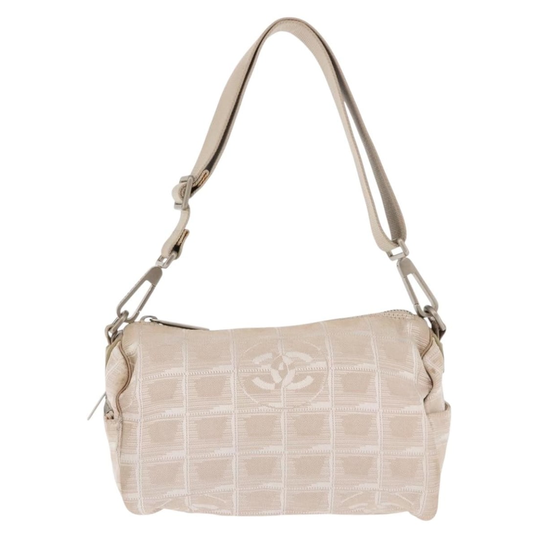Beige Chanel Travel Line Shoulder Barrel Bag: Beige Chanel Travel Line Shoulder Barrel Bag This pre-owned Chanel Travel Line Barrel Bag in beige features a shoulder bag design tailored for women. The bag exhibits surface rubbing, slight stains, d