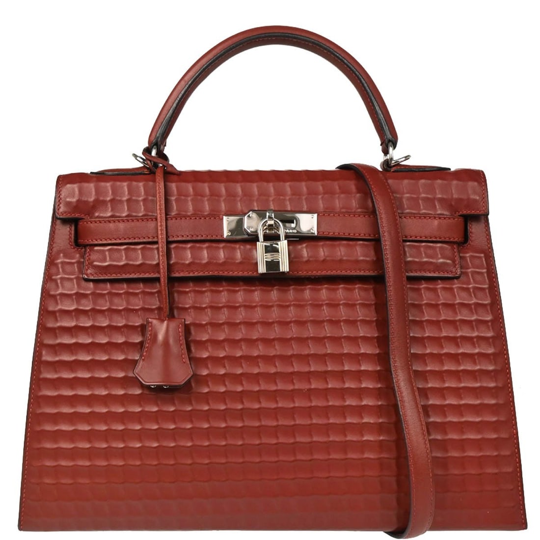 Hermes Kelly 32 Bordeaux Togo 2way Handbag with Silver Hardware: Hermes Kelly 32 Bordeaux Togo 2way Handbag with Silver Hardware Introducing the exquisite Hermes Rouge H Ever Deutch Waffle Kelly 32 Sellier 2way Handbag, a stunning accessory that combines luxury and