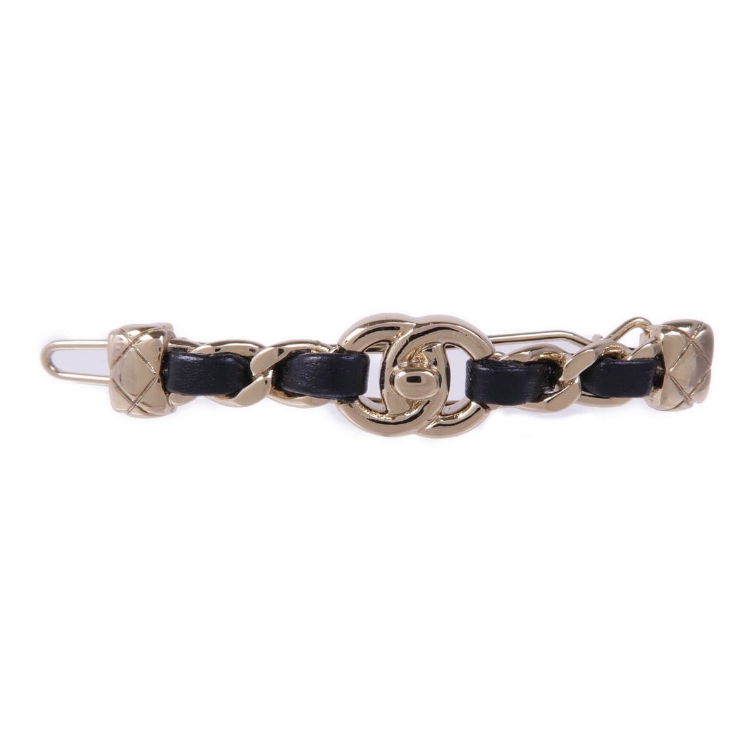 CHANEL Valletta Hair Clip Black Leather Gold Metal: CHANEL Valletta Hair Clip Black Leather Gold Metal Elevate your hairstyle with this exquisite CHANEL CC Hair Clip, crafted from luxurious leather in a sleek black hue. This Valletta style clip combine