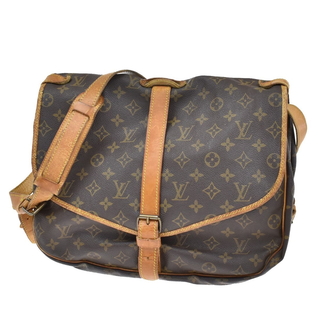 Saumur Shoulder Bag by Louis Vuitton in Brown: Saumur Shoulder Bag by Louis Vuitton in Brown This Louis Vuitton Saumur shoulder bag is crafted in brown material and designed for female use. It features notable signs of wear, including scuffs, dirt