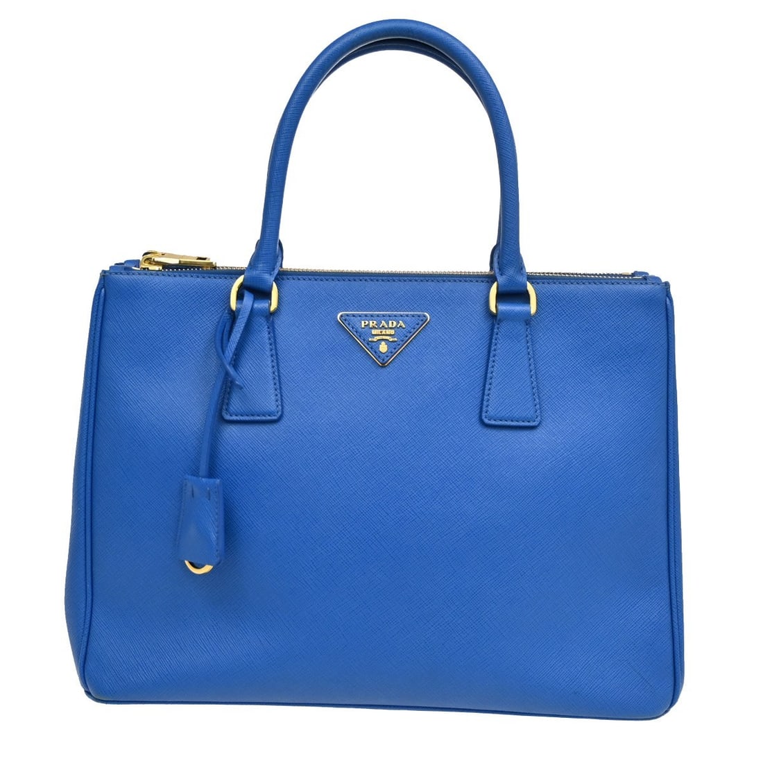 Blue Double Zip Tote Bag by Prada: Blue Double Zip Tote Bag by Prada This pre-owned Prada Double Zip tote bag is designed for women and features a spacious interior. It is in very good condition with some visible scuffs, dirt, and scra