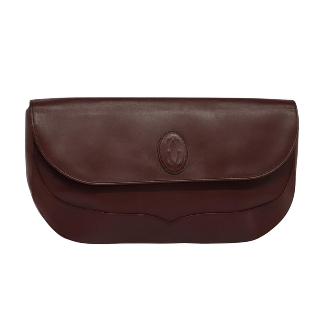 Burgundy Must de Cartier Leather Clutch Purse: Burgundy Must de Cartier Leather Clutch Purse This Must de Cartier clutch bag features a burgundy exterior with metal fittings. The bag shows signs of wear, including some loss of shape, rubbing, stai